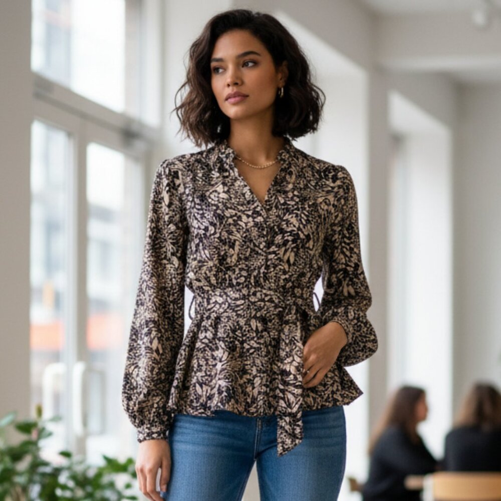 NWT Lusana Ilza Belted Top Palma in 100% Crepe Georgette